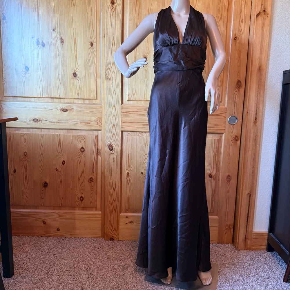 Bari Jay Brown Satin Grecian Goddess Maxi Dress Gown Size 12 Halter Neck